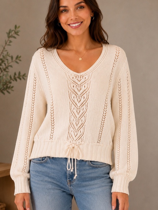 Jones New York Sweaters - Jones New York Large Cream 100% Merino Wool Open Knit V-Neck Sweater
